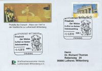 Luther Briefmarken, 05.05.2010, Gedenkausstellung Friedrich der Weise An der Schlosskirche, 06886 Wittenberg, 	RECHTECKSTEMPEL, Motiv: Friedrich der Weise Kurf&uuml;rst von Sachsen (Portrait) Stempelnummer: 06/115, LUTHERSTADT-WITTENBERG,