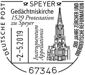 Deutsche Post 500 JAHRE Z&Uuml;RCHER UND OBERDEUTSCHE REFORMATION, Ged&auml;chtniskirche 1529 Protestation zu Speyer Instrumentum Appellationis, Motiv: Ged&auml;chtniskirche Stempelnummer: 09/091