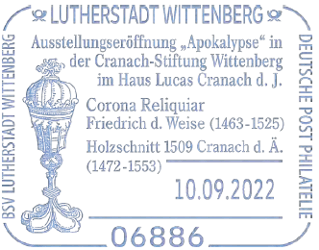 10.09.2022 Stempel-Nr 17-099, Pluskarte, DEUTSCHE POST PHILATELIE, BSV Lutherstadt Wittenberg, Cranach-Stiftung, Apokalypse