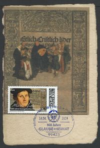 DEUTSCHE POST PHILATELIE 100 Jahre GLAUBE+HEIMAT, Motiv: Lutherrose und Logo der Kirchenzeitung Sonderstempelnummer: 00/034, Luther Briefmarken